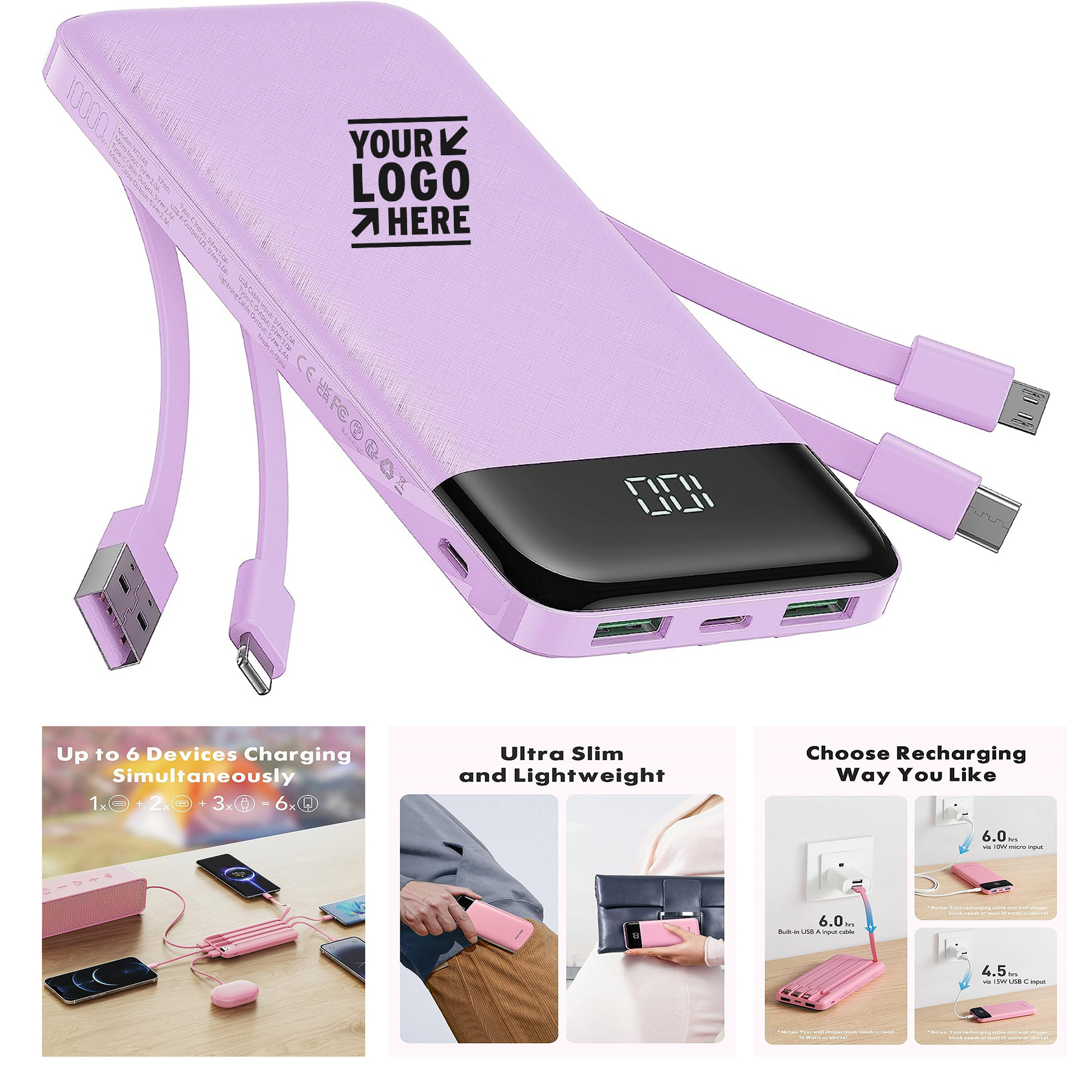 Portable 20000mAh Battery Pack 6 Outputs Built in Cables Charger 3A High Speed Power Bank 1