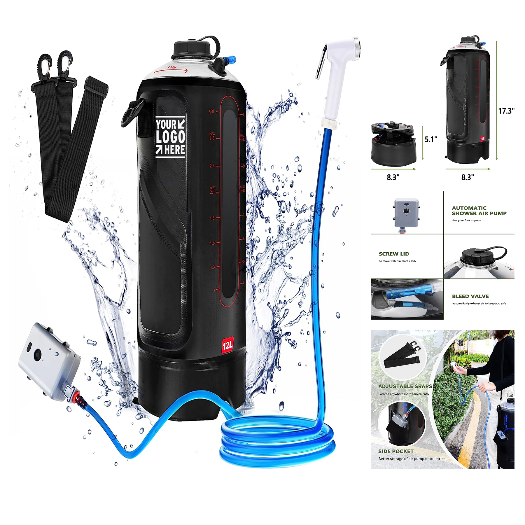 Water Level Window Auto Pressure Pump 12L Portable Camp Shower Bag with Upgraded Screw Lid