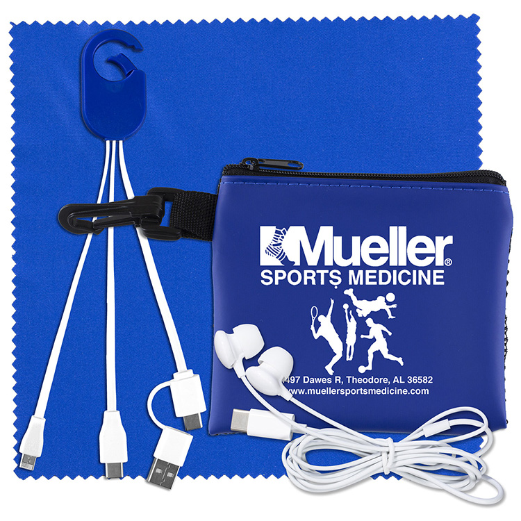 "TechMesh Hang Pro" Mobile Tech Charging Cable Kit in Mesh Zipper Pouch Components inserted into Zip 3