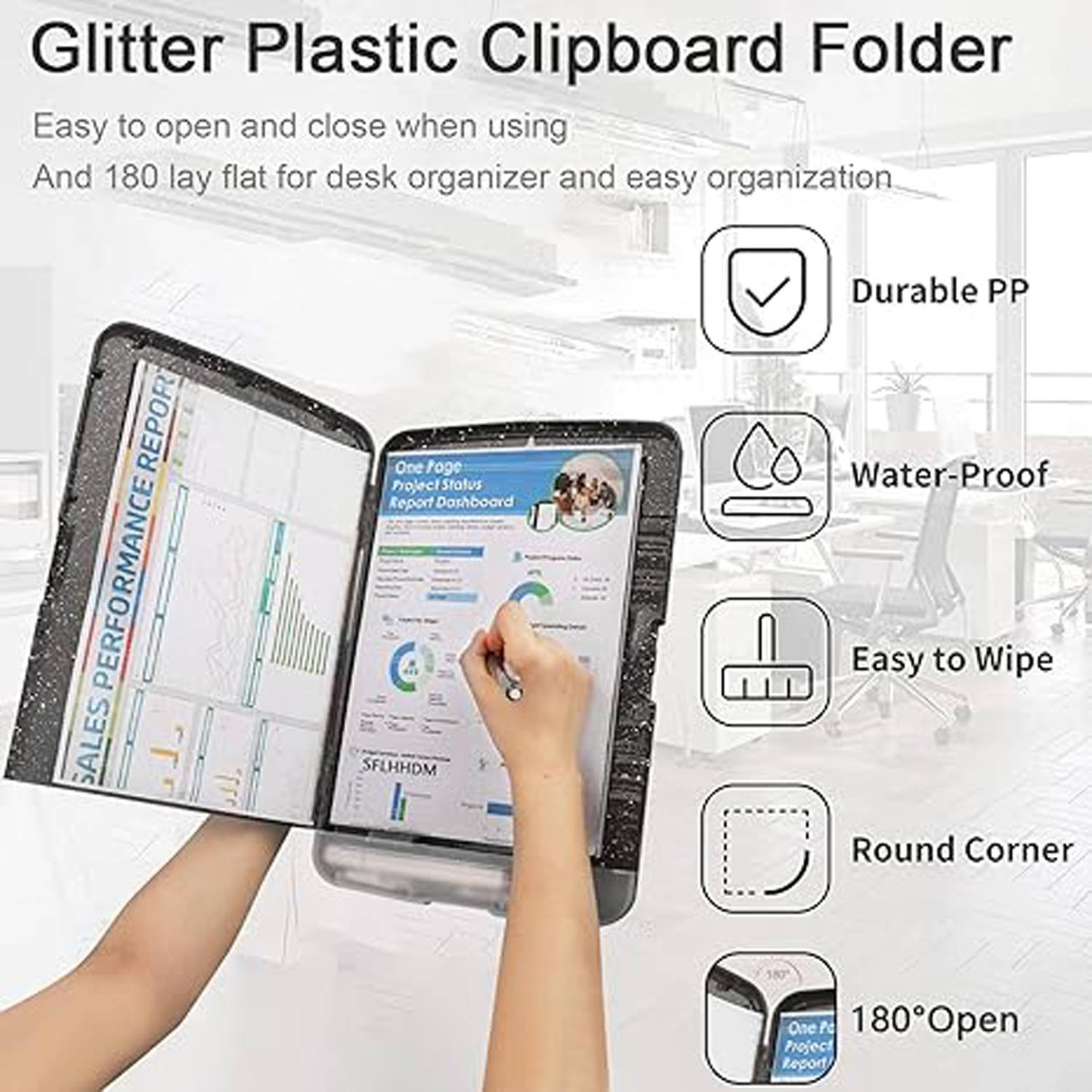 Glitter A4 Plastic Storage Clipboard w/ Pen Holder 10