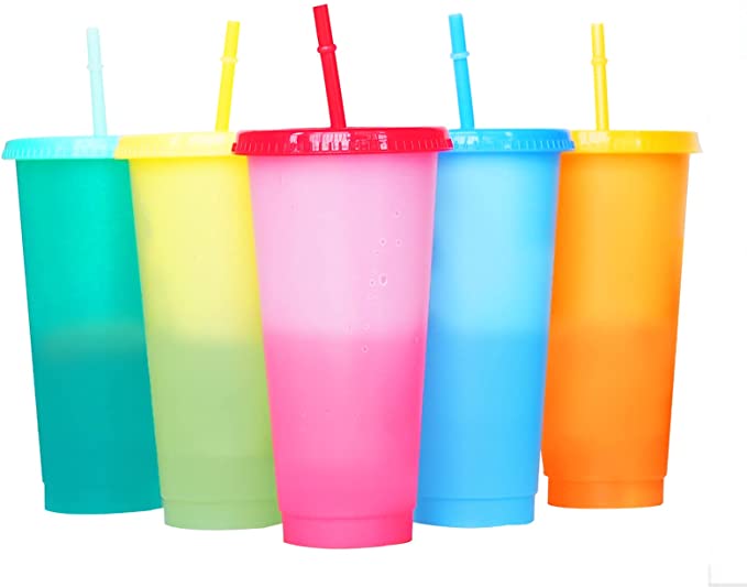 24 OZ Glitter Reusable Color Changing Cups w/ Lids & Straws in Cold Water 5