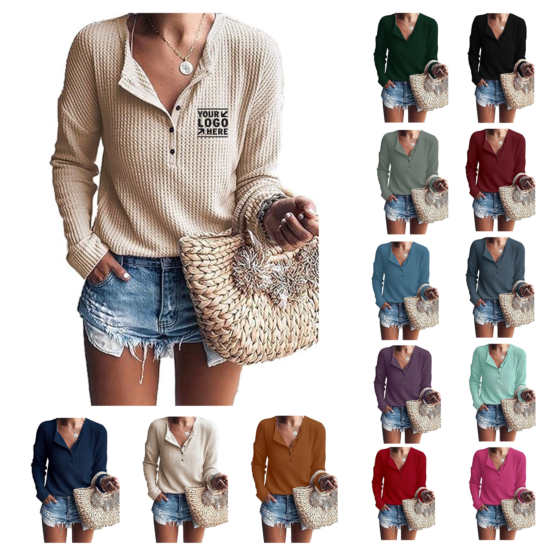 Womens Waffle Knit Tunic Tops Loose Long Sleeve Button Up V Neck Henley Shirt 2