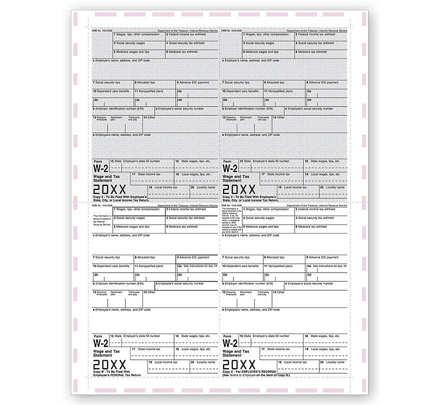 W-2 Tax Forms, 11" 4-Up Laser, Pressure Seal - 500 Sheets/Pk 1
