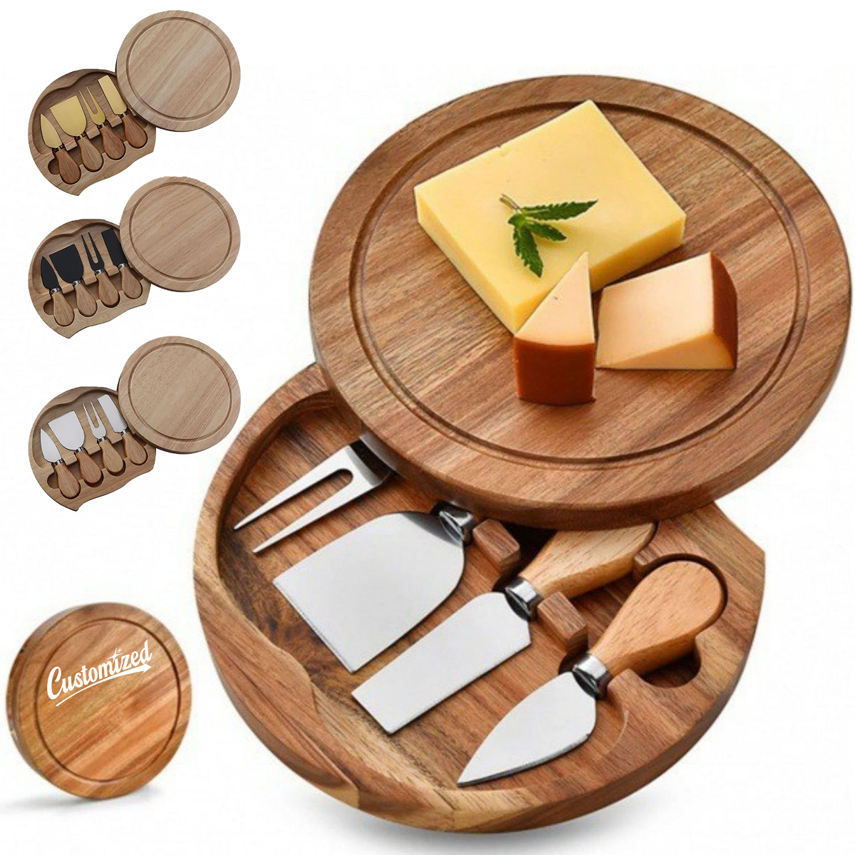 Round Wood Cheese Board with Knife Set 8