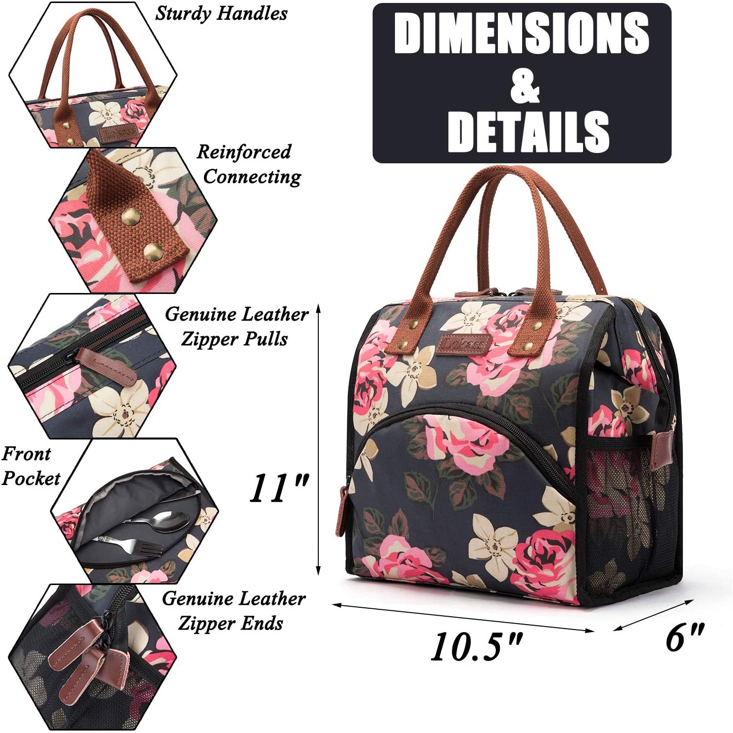 Flower Thermal Insulated Lunch Bag Wide-Open Lunch Tote Bag Large Drinks Holder Durable Nylon 4