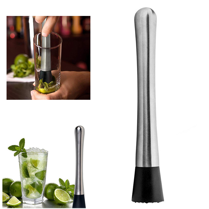 8" Stainless Steel Muddler Bar with Black Grooved Ice Hammer 1