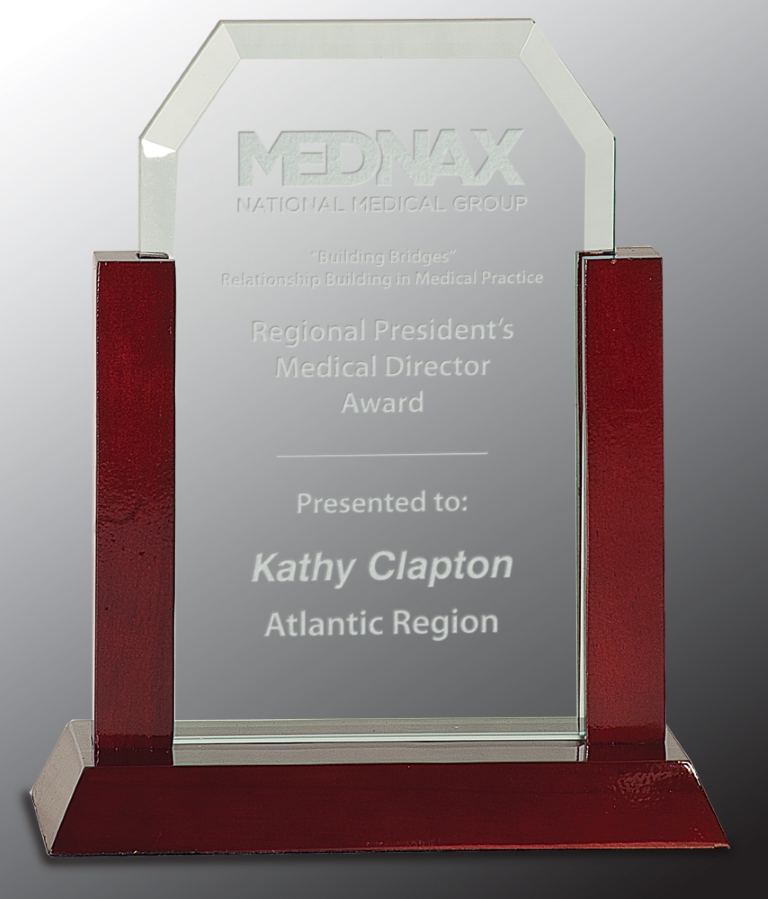 8" Jade Clip Corner Glass Award with Rosewood Piano Finish Base