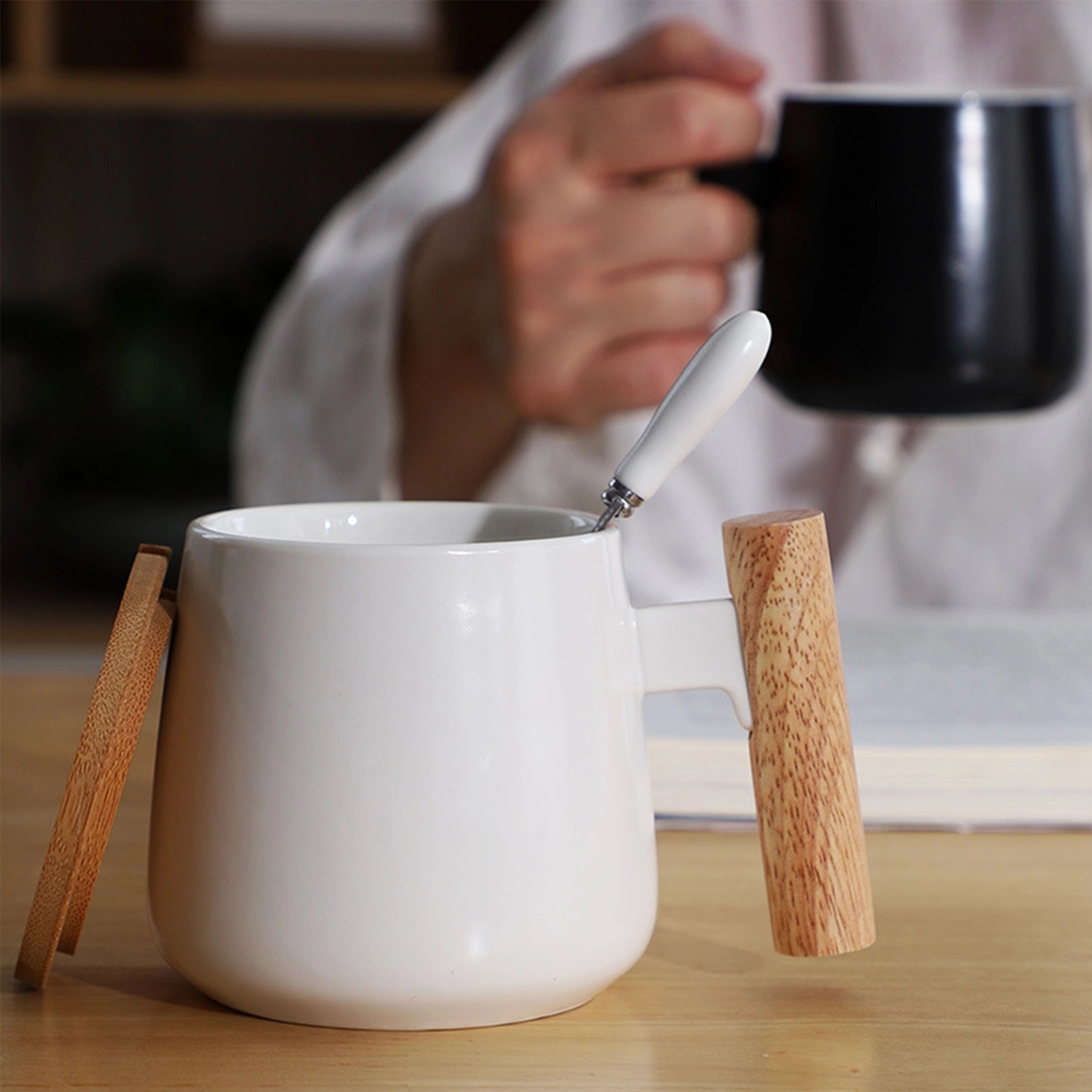 Ceramic Tea Cup with bamboo Lid Mugs Wooden Handle 13oz 4
