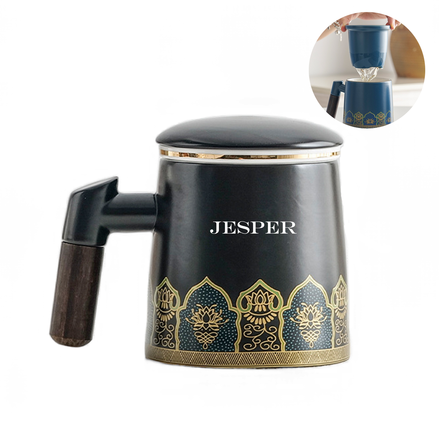 Ceramic Tea Cup With Infuser And Lid Mugs Wooden Handle 2
