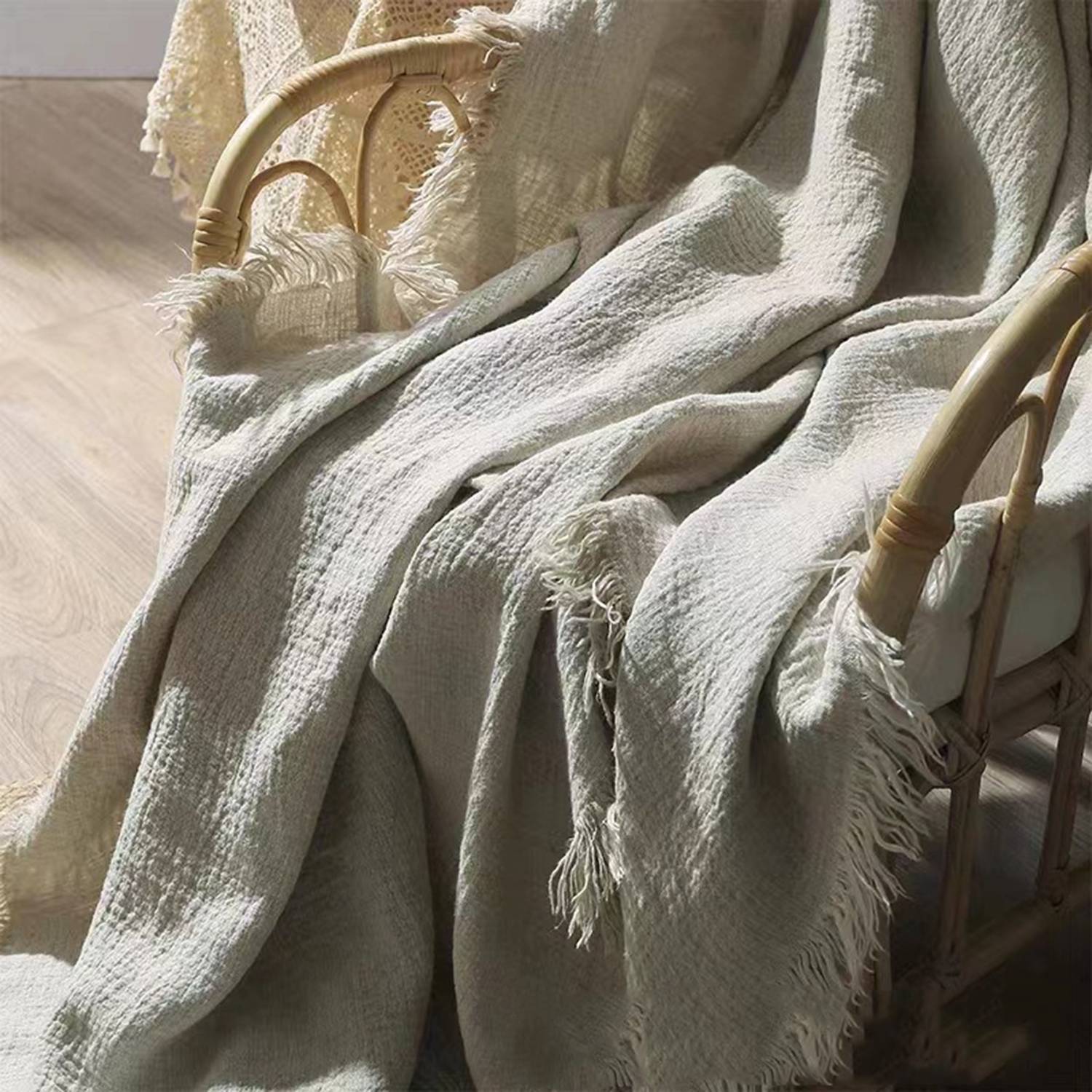 Soft Breathable Lightweight Yarn Linen Blanket with Fringe 1