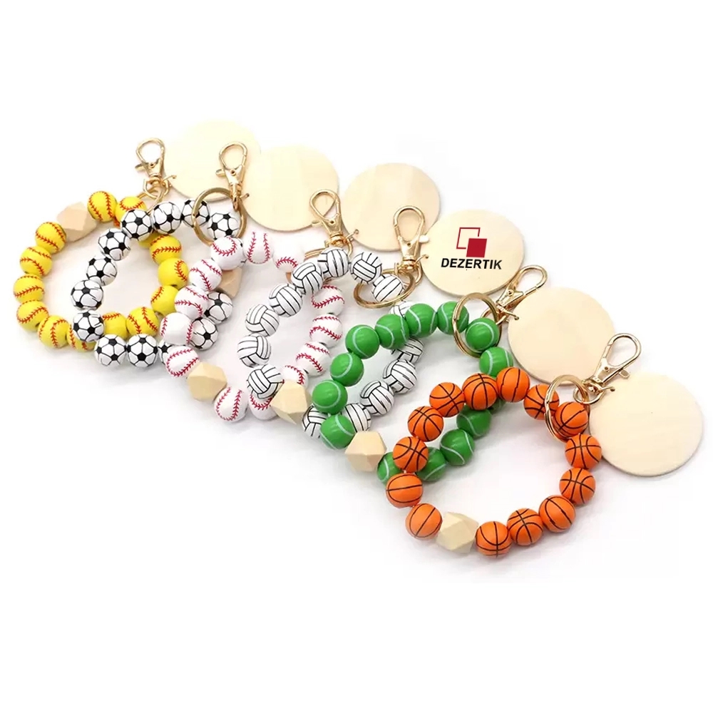 Custom Sports Ball Wooden Bead Bracelet Keychain 10