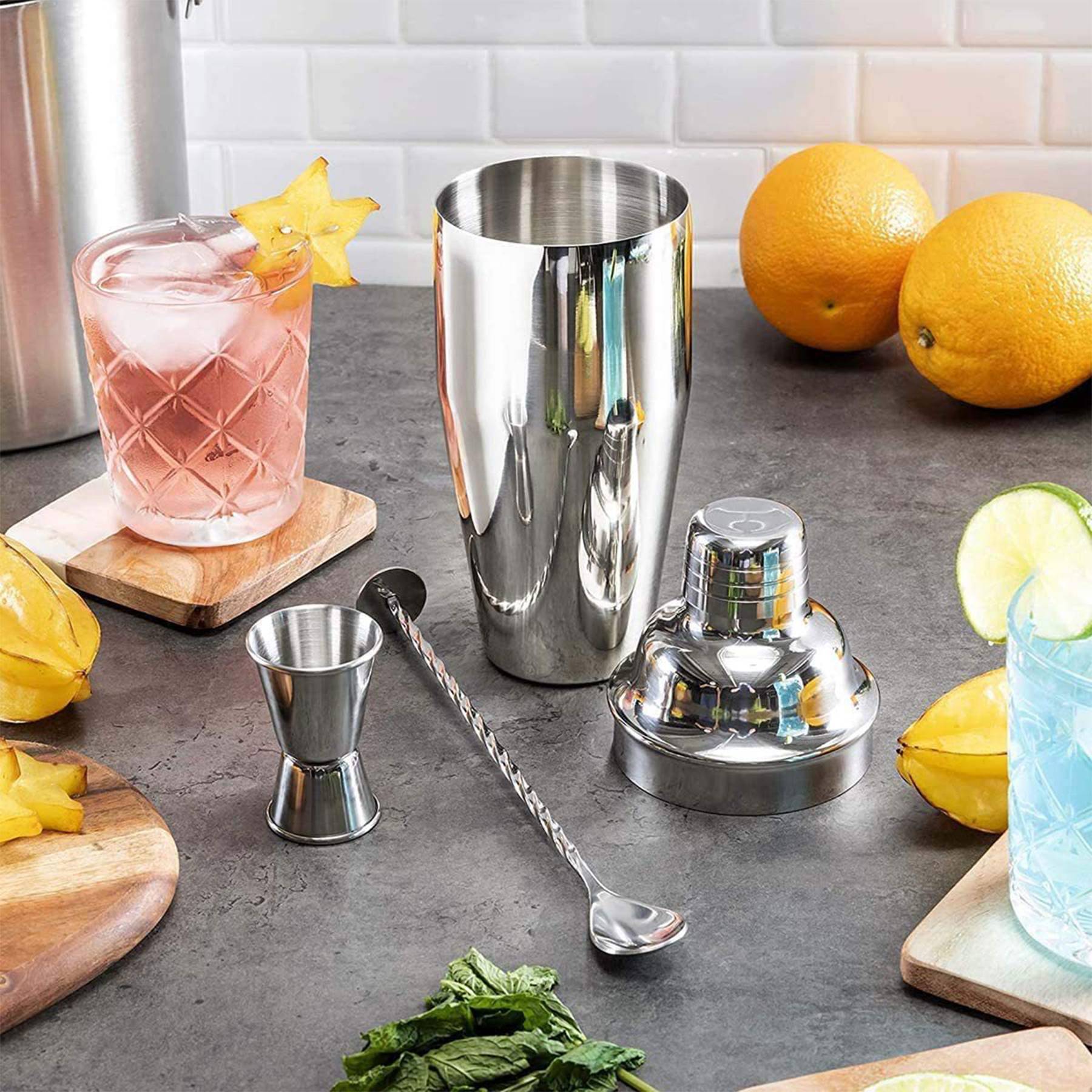25oz Double-Wall Cocktail Shaker Jigger Mixing Spoon Set 7