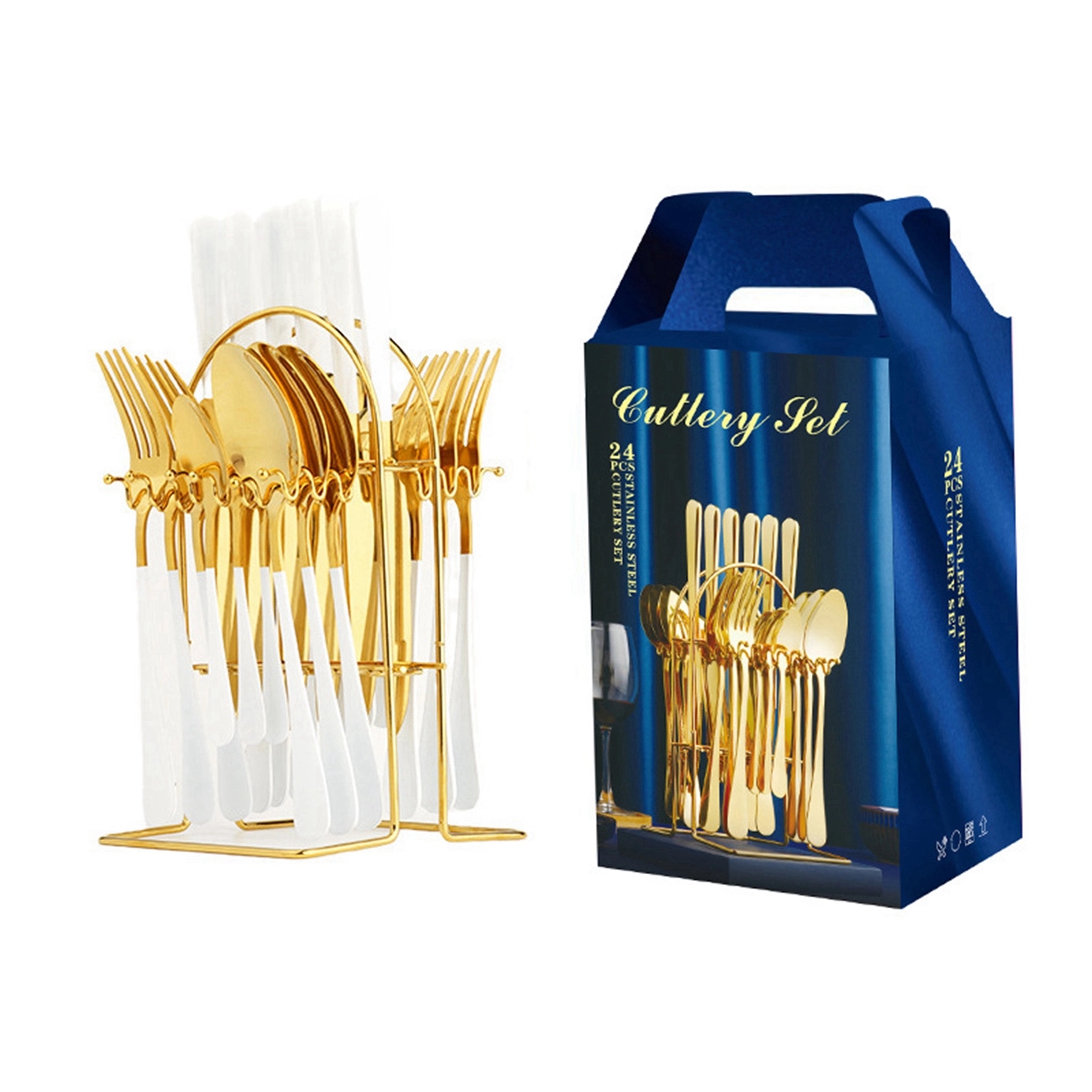 24 Piece Gold Silverware Flatware Cutlery Set With Stand 12