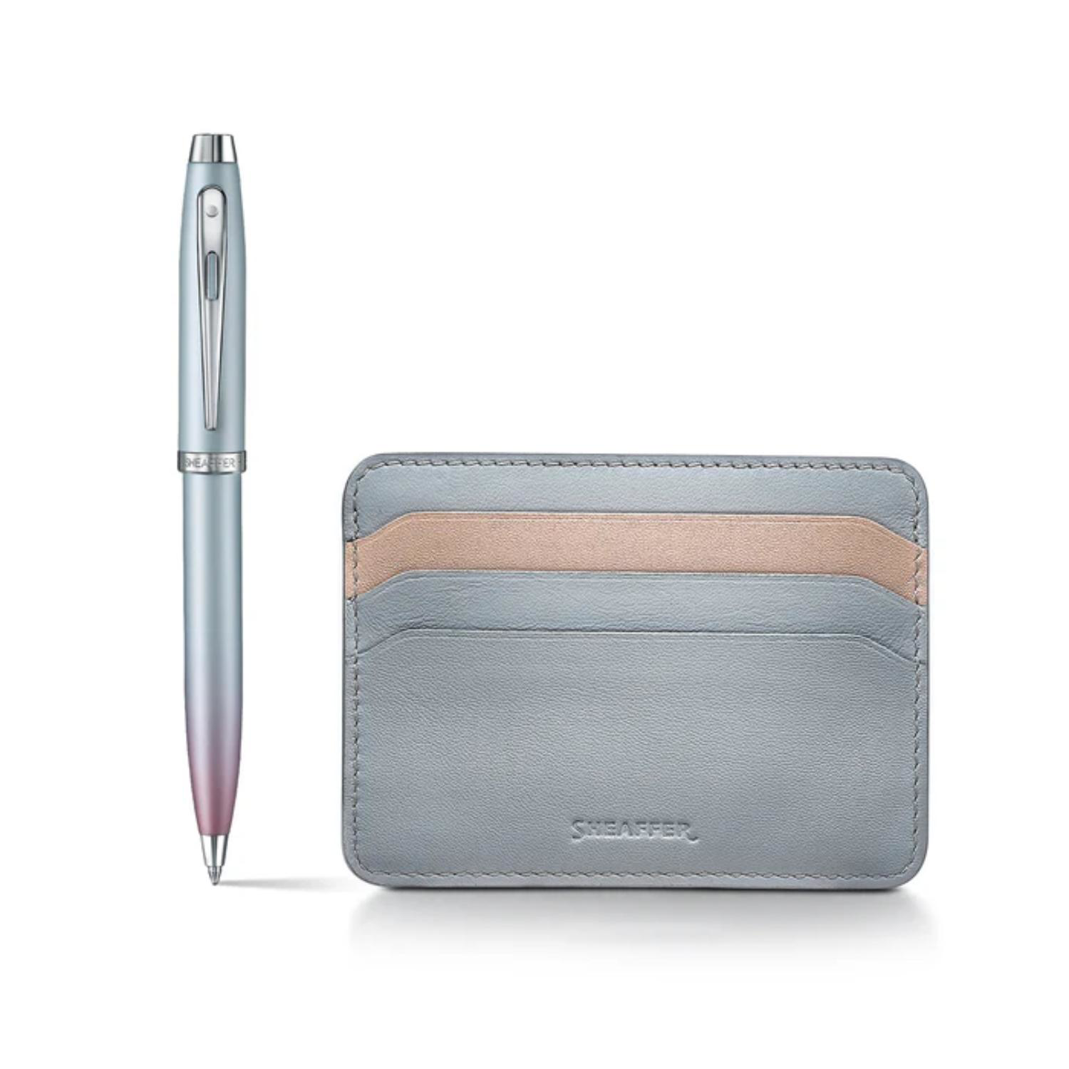 SHEAFFER® Executive Gift Set 100 9376 Blue and Pink Pearlised Gradient Ballpoint Pen with Genuine Leather Card Holder 10