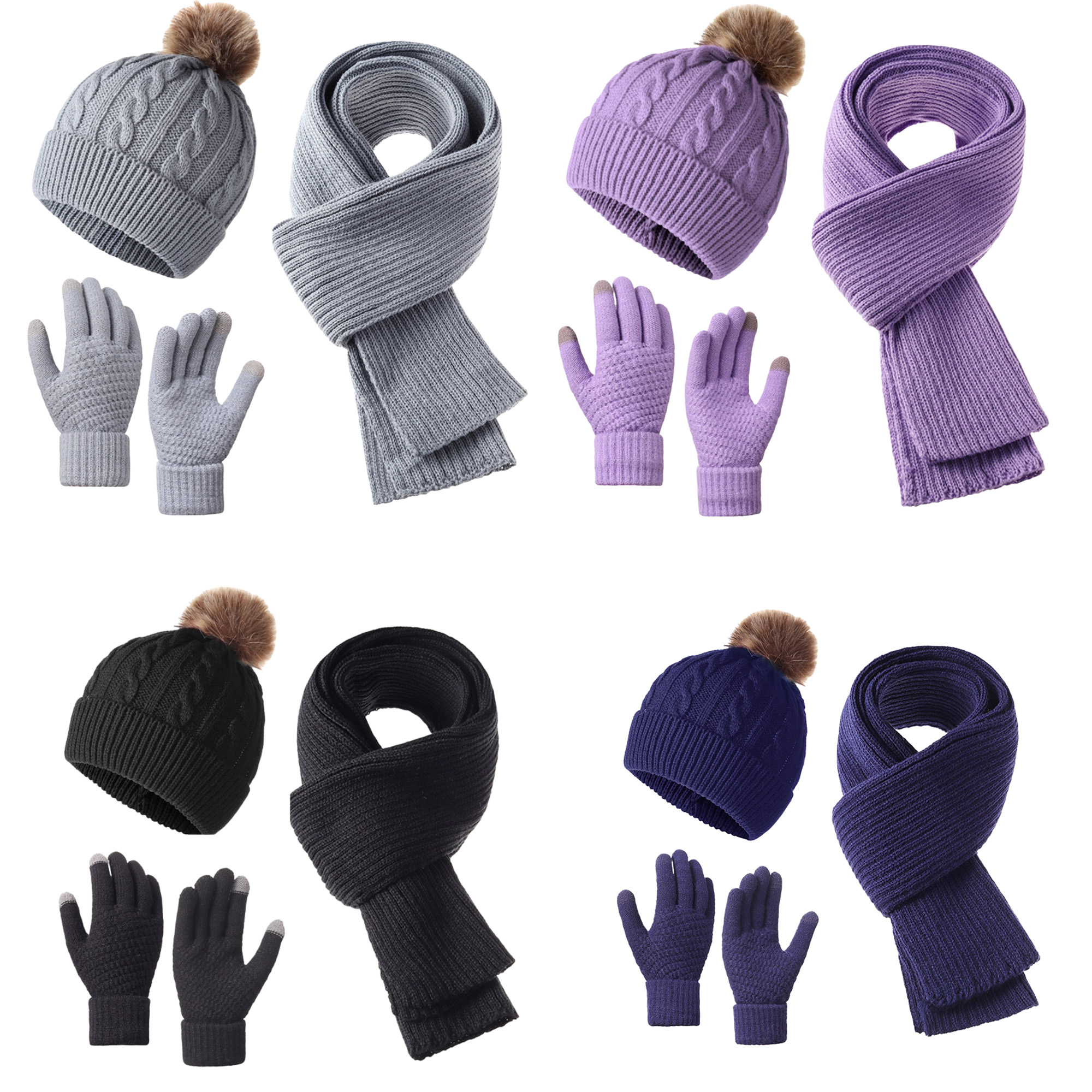 Unisex Winter Knitted Hat Scarf Touch Screen Gloves Set 2