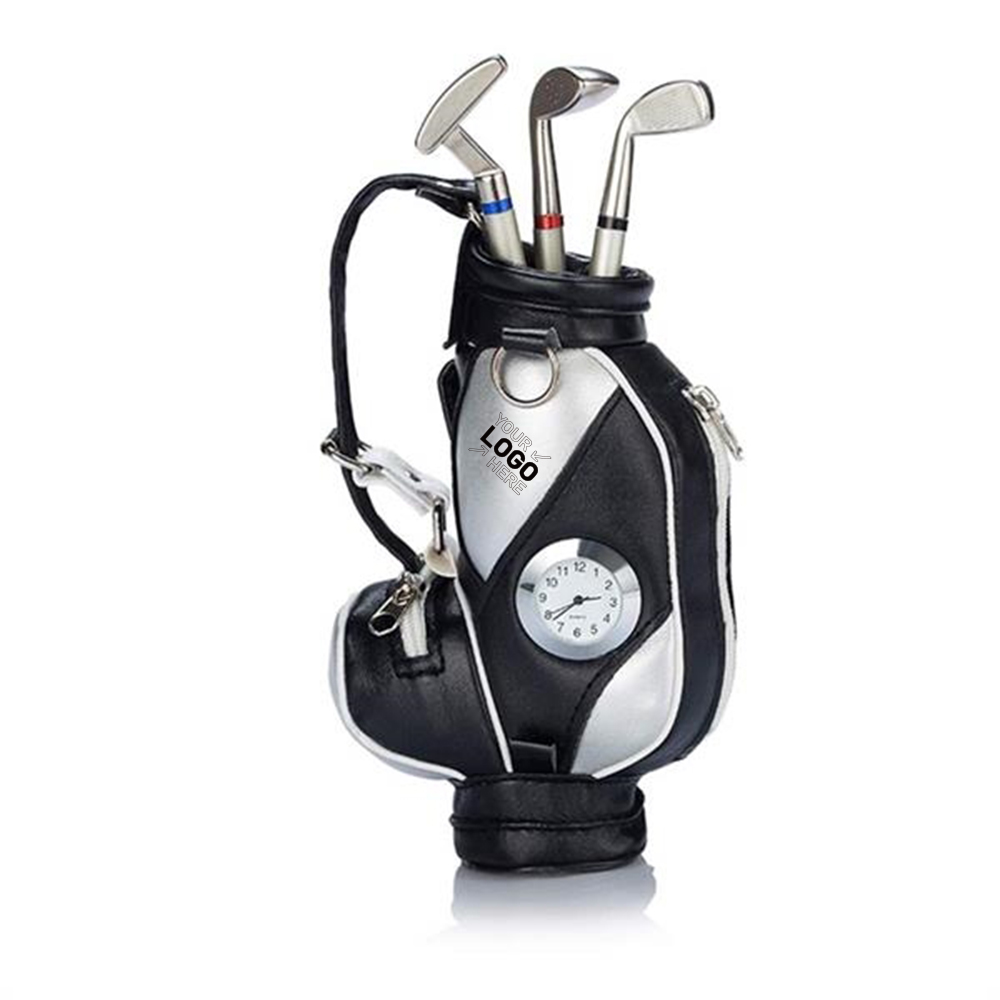 Mini Desktop Golf Bag Pen Holder With Clock 6