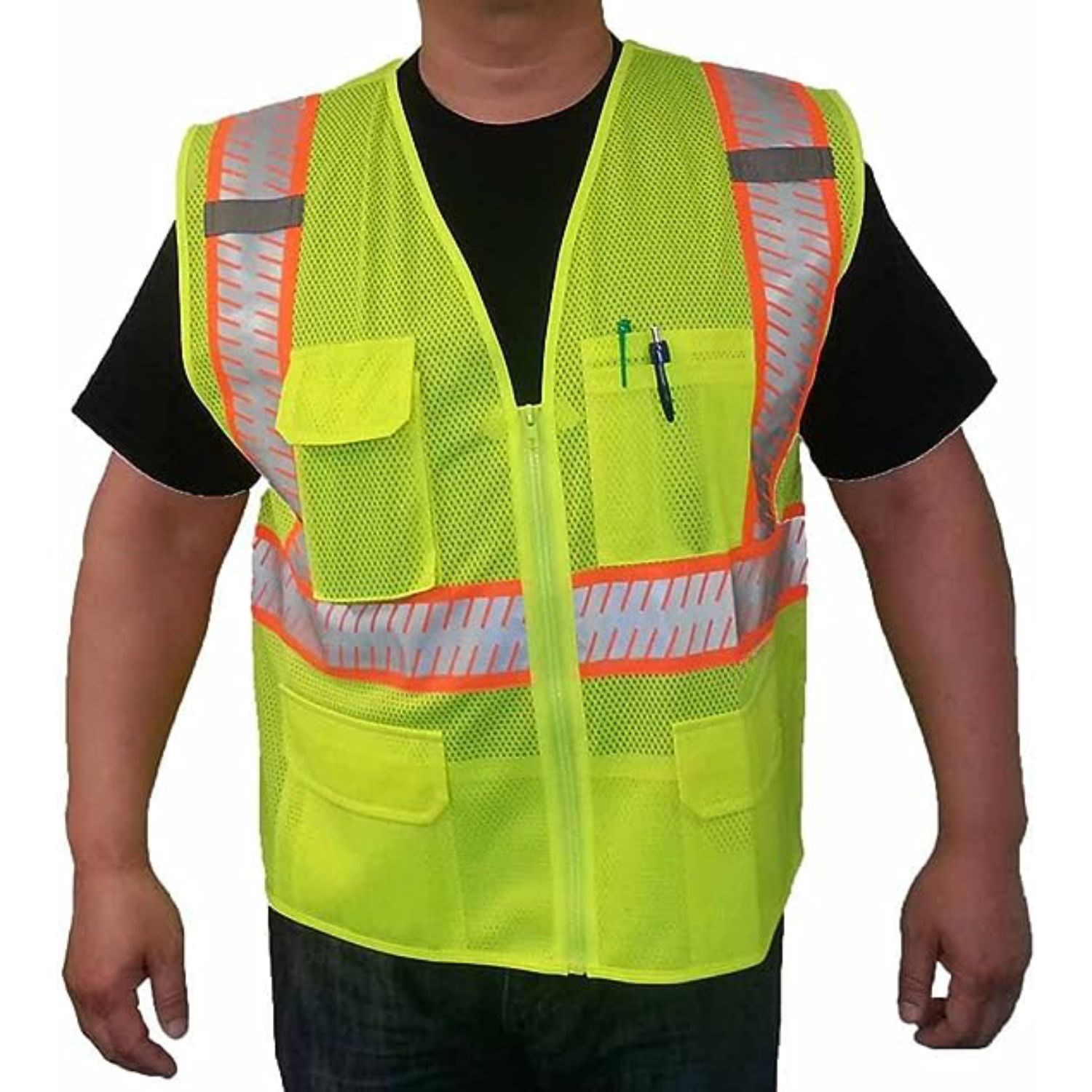 Recycled Class 2 Segmented Safety Zipper Vest W/ 4 Pockets & Dual Mic Tabs