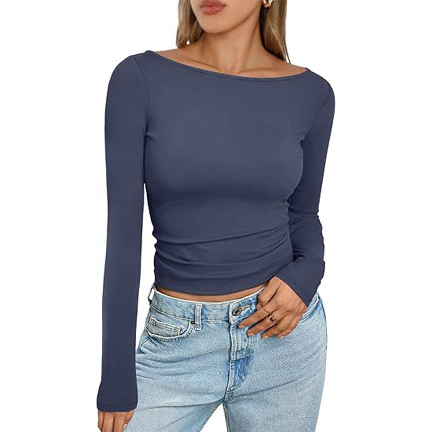 Women Boat Neck Long Sleeve Shirt 12