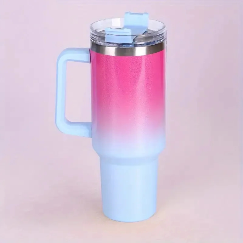 40oz Portable Rainbow Gradient Car Tumbler With Handle Straw 9