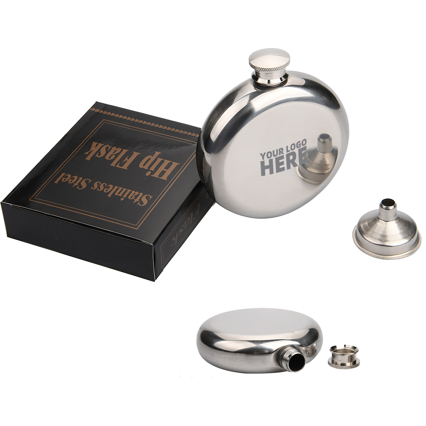 5 OZ Stainless Steel Round Flasks With Funnel, custom water bottle with logo imprint 2