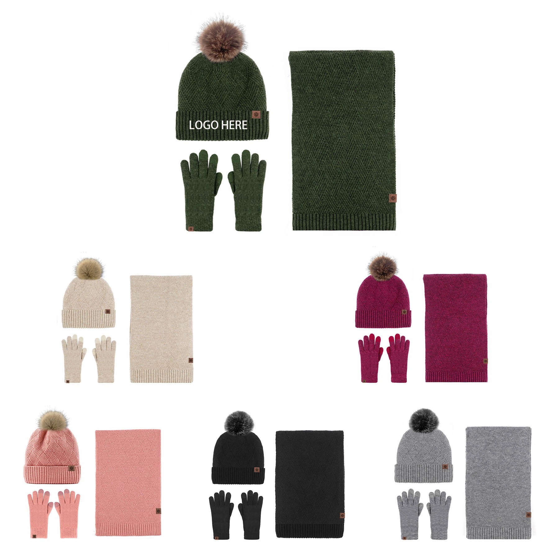 Winter Warm Knitted Scarf Beanie Hat and Gloves Set