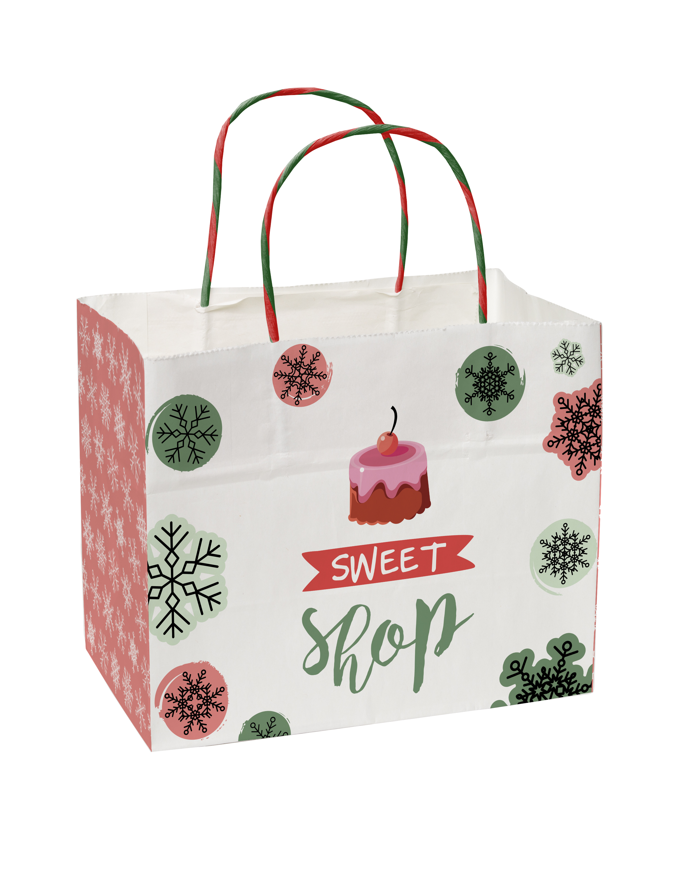 Full Color White Holiday Handle Shopper 8.5" x 7.25" x 5"