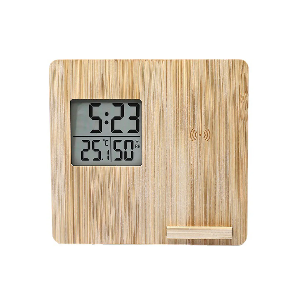 Wireless Charging Weather Temperature Humidity Bamboo Clock 4
