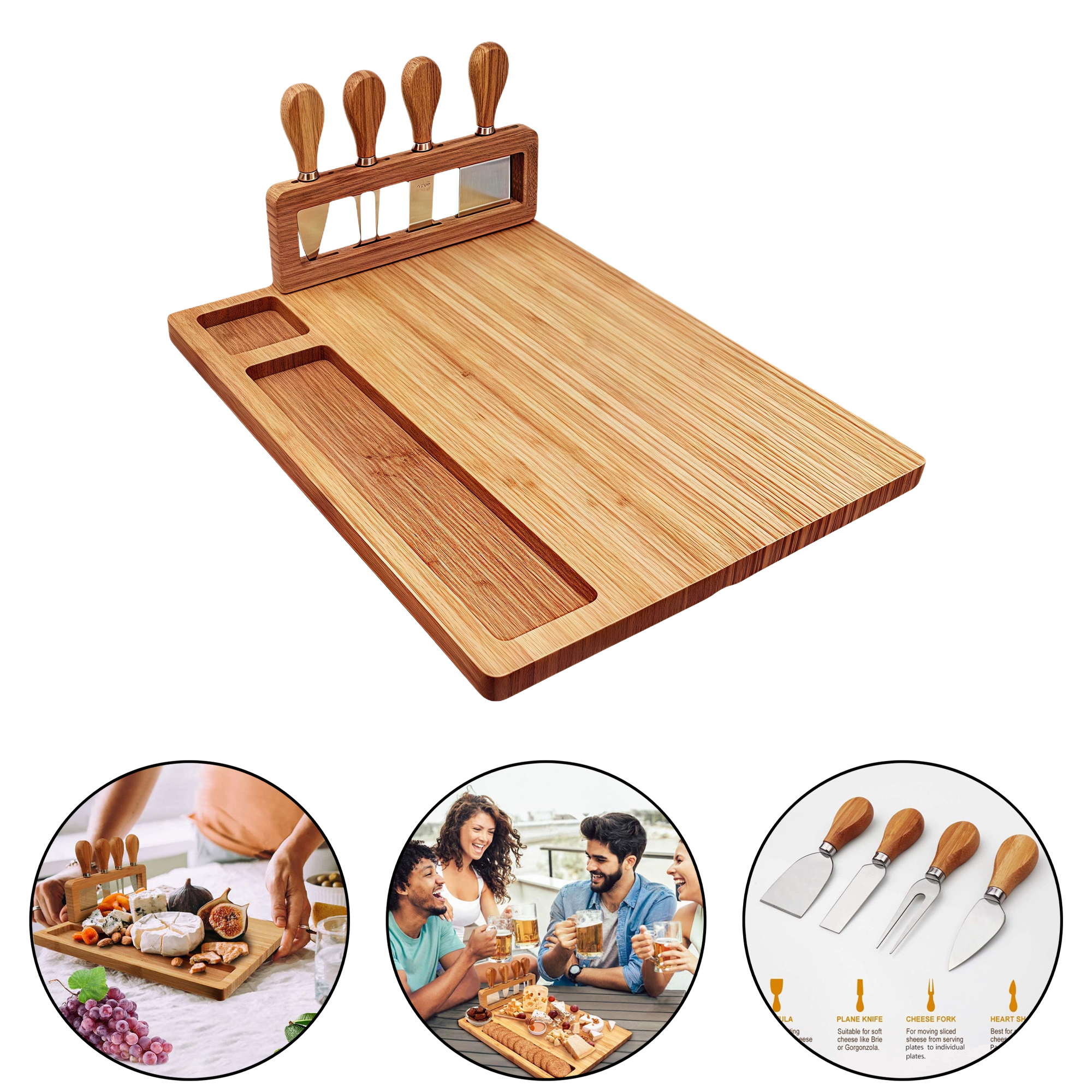 Large Cheese Board Set with 4-Piece Cheese Knives, Bamboo Wood Cutting Board for Kitchen 2