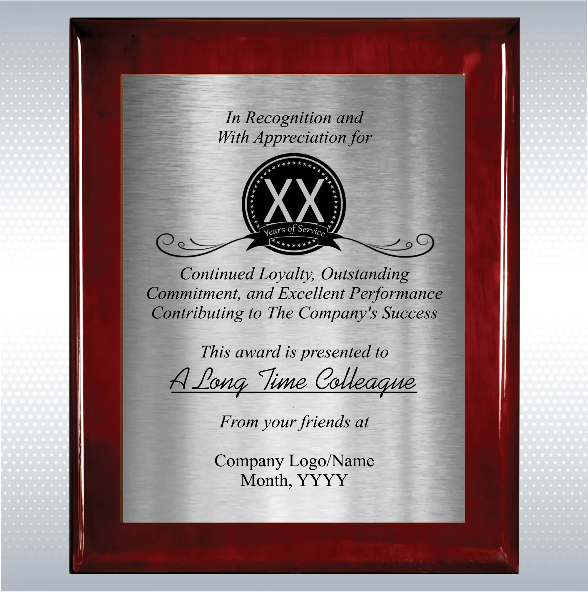 Rosewood Piano Finish Wood Plaque  Years of Service Award 20
