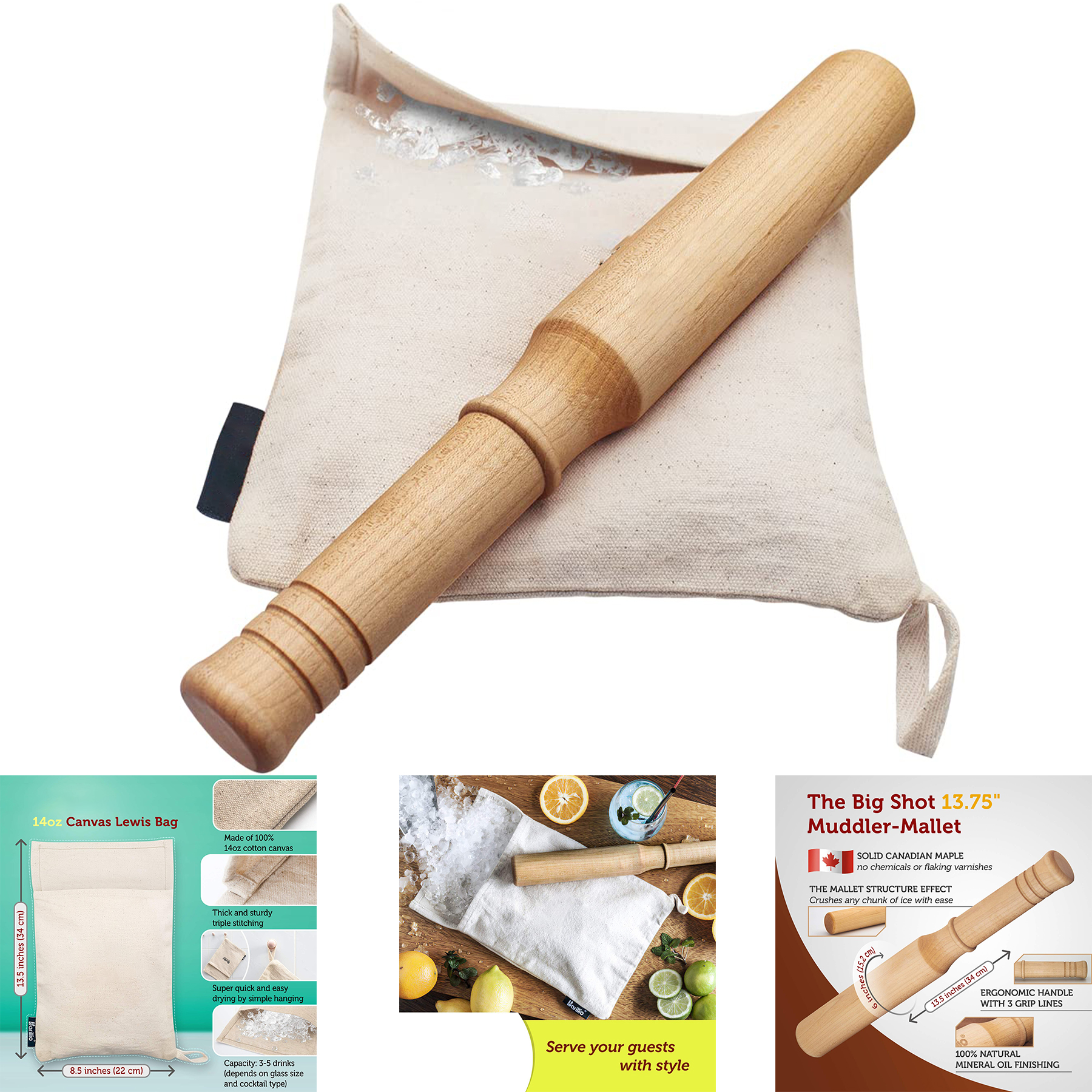 Wooden Mojito Muddler Bar Tool Ice Crusher & Canvas Bag Set 2