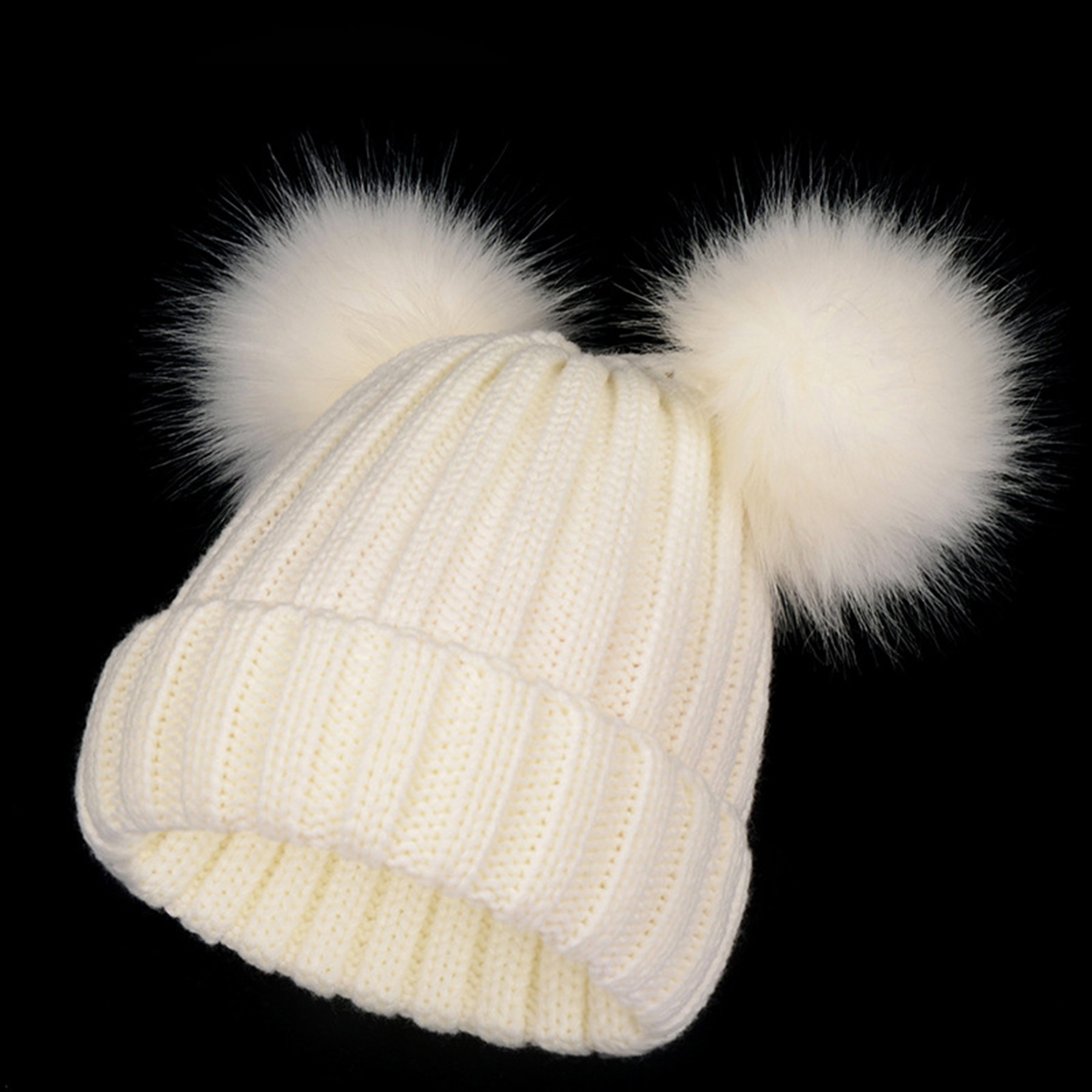 2 Pom Ears Knit Winter Fleece Hat 1