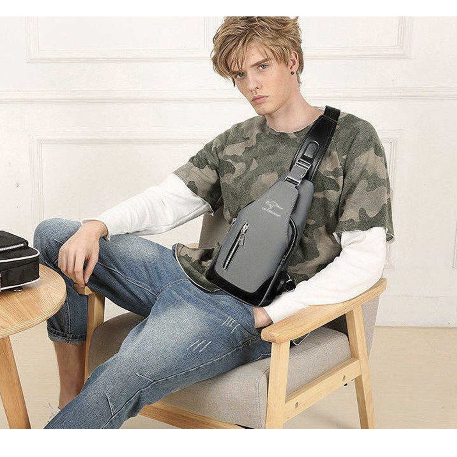 Oxford Fabric w/ Power Bank Pocket Men's Casual Chest Bag 7