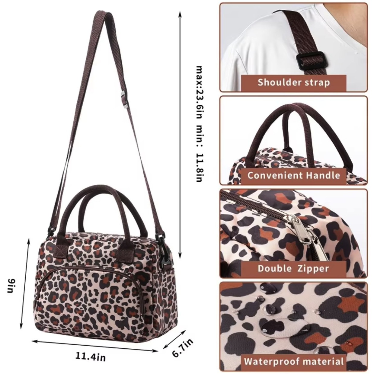 Leopard Print Food Safe Thermal Women Cooling Shoulder Bag Insulated Lunch Bag 2