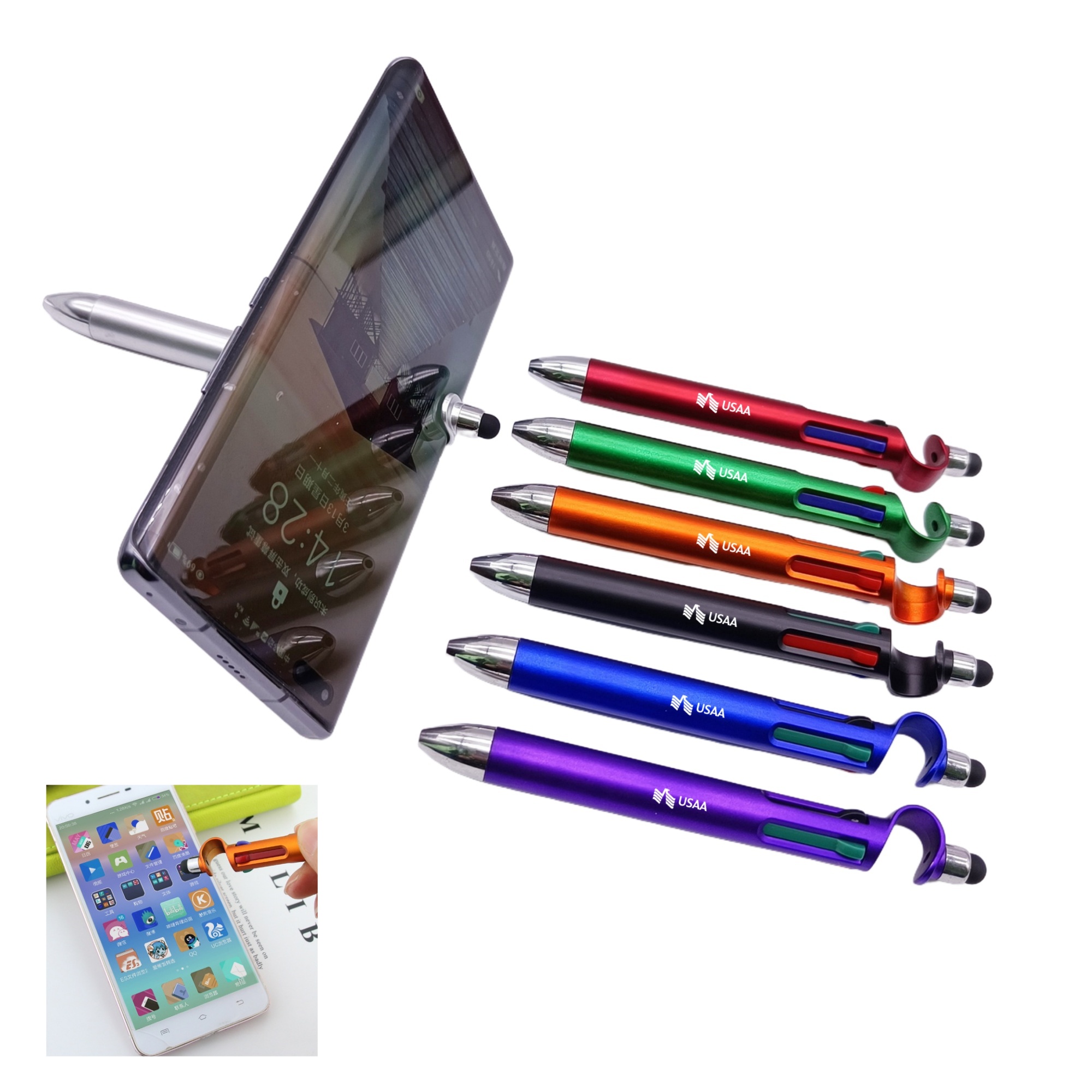 Multifunctional 4-Color Ballpoint Pens with Phone Holder + Stylue Pen 5