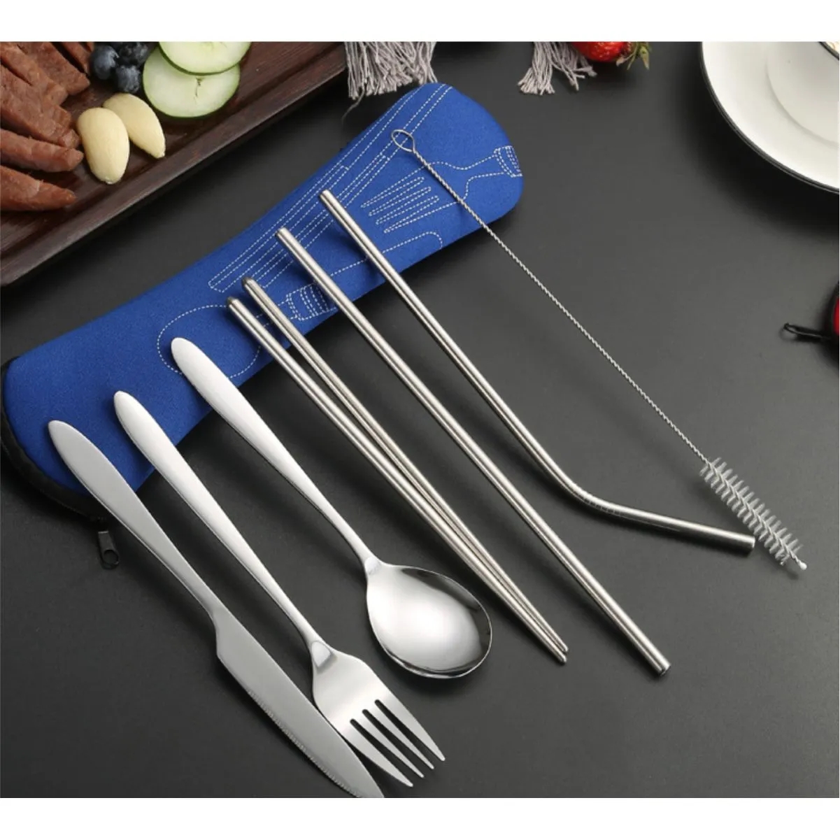 Reusable Flatware Sets Knife, Fork, Spoon, Chopsticks, Portable Travel Stainless Steel Tableware 5