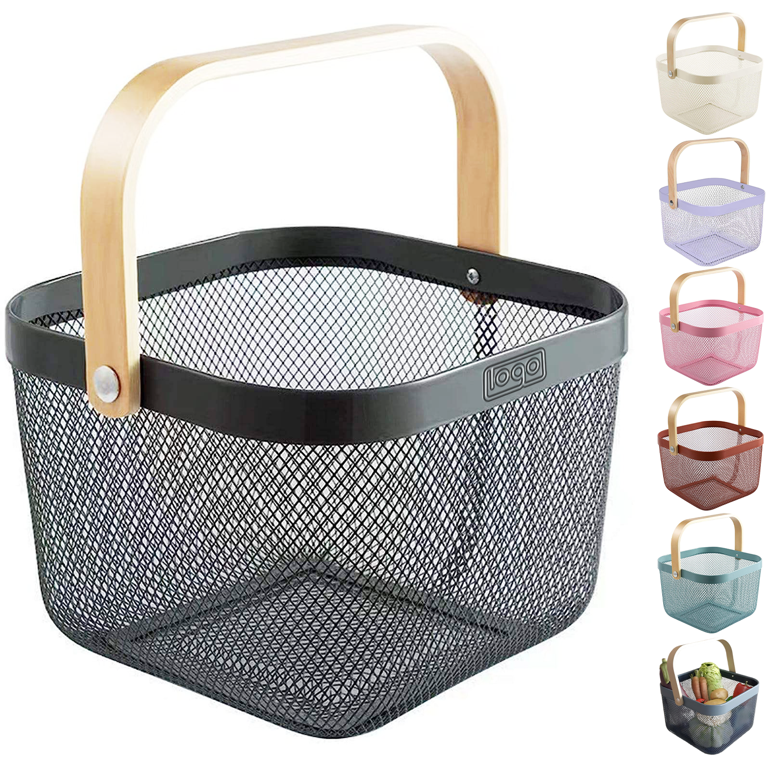 Multi Functional Wooden Handle Mesh Metal Storage Basket 10