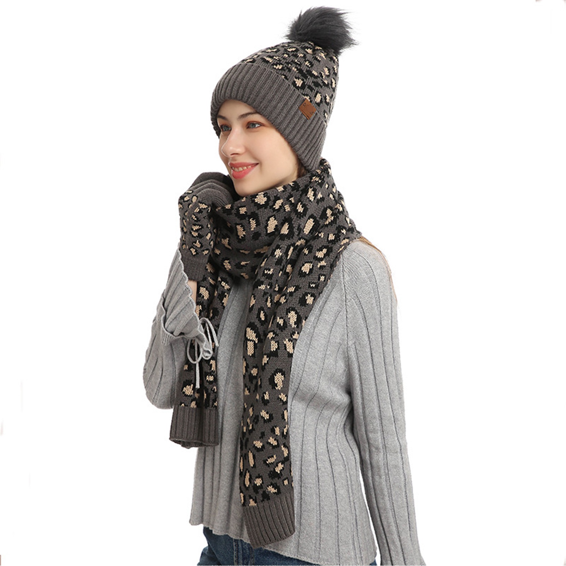 3 Piece Leopard Pom-pom Beanie Gloves Set 5