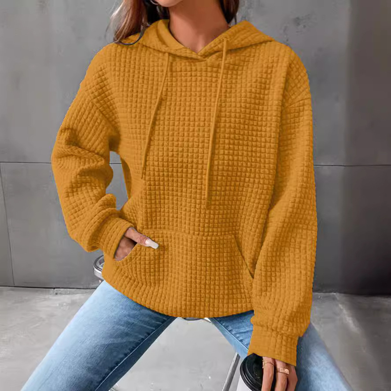Waffle Knitted Polyester Oversized Hoodie, custom hoodie or sweatshirt with logo imprint 6