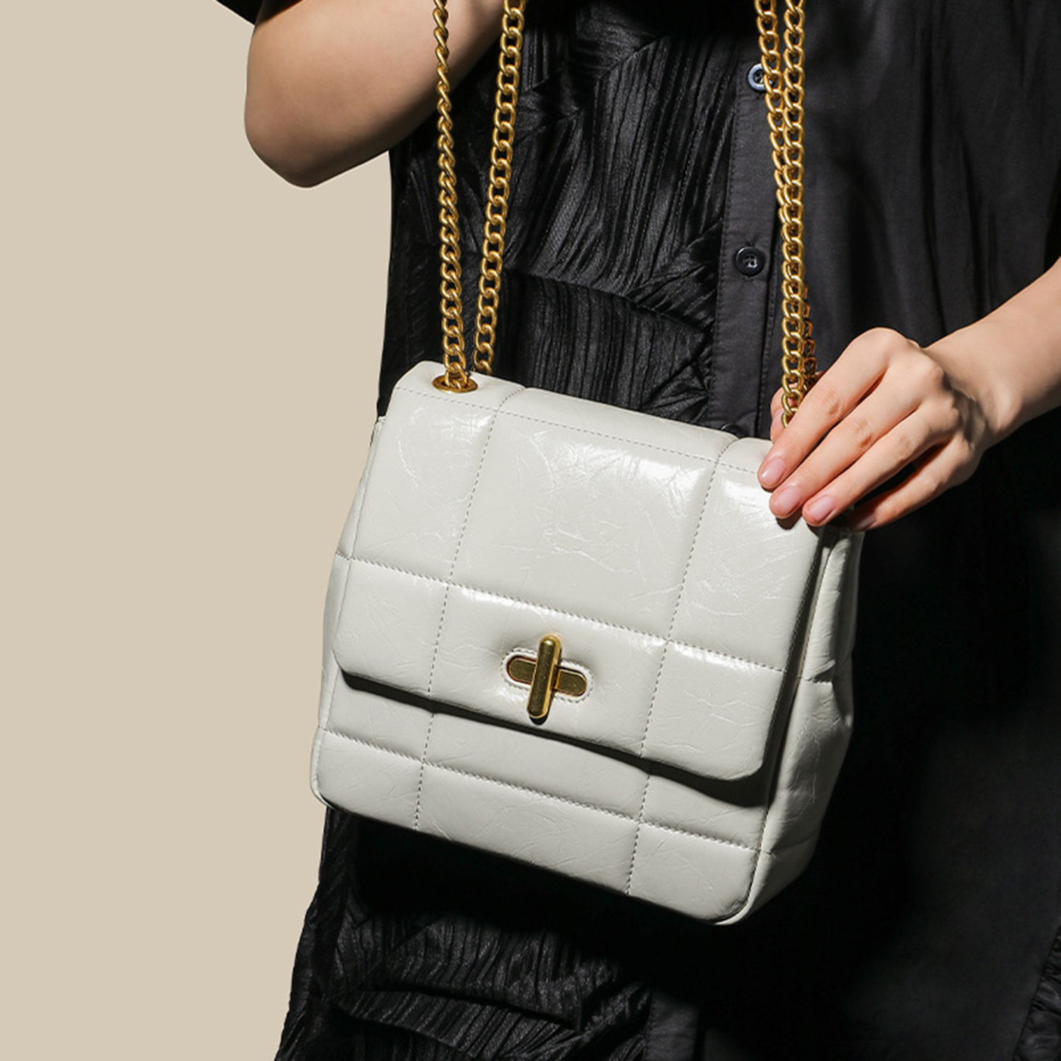 Trendy Flap Gold PU Leather Quilted Tote Bag 7