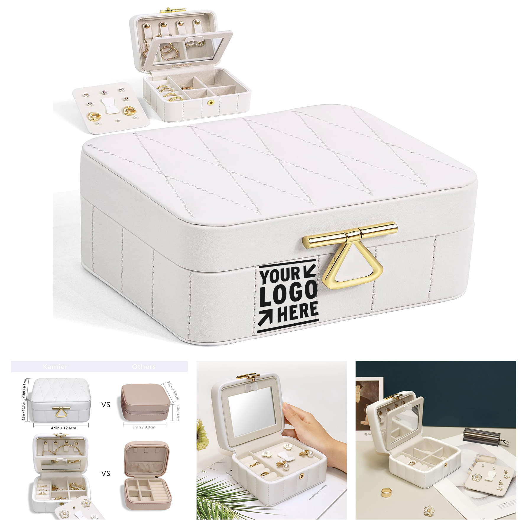 Women Travel Diamond Quilted Leather Small Jewelry Ring Organizer Box with Mirror