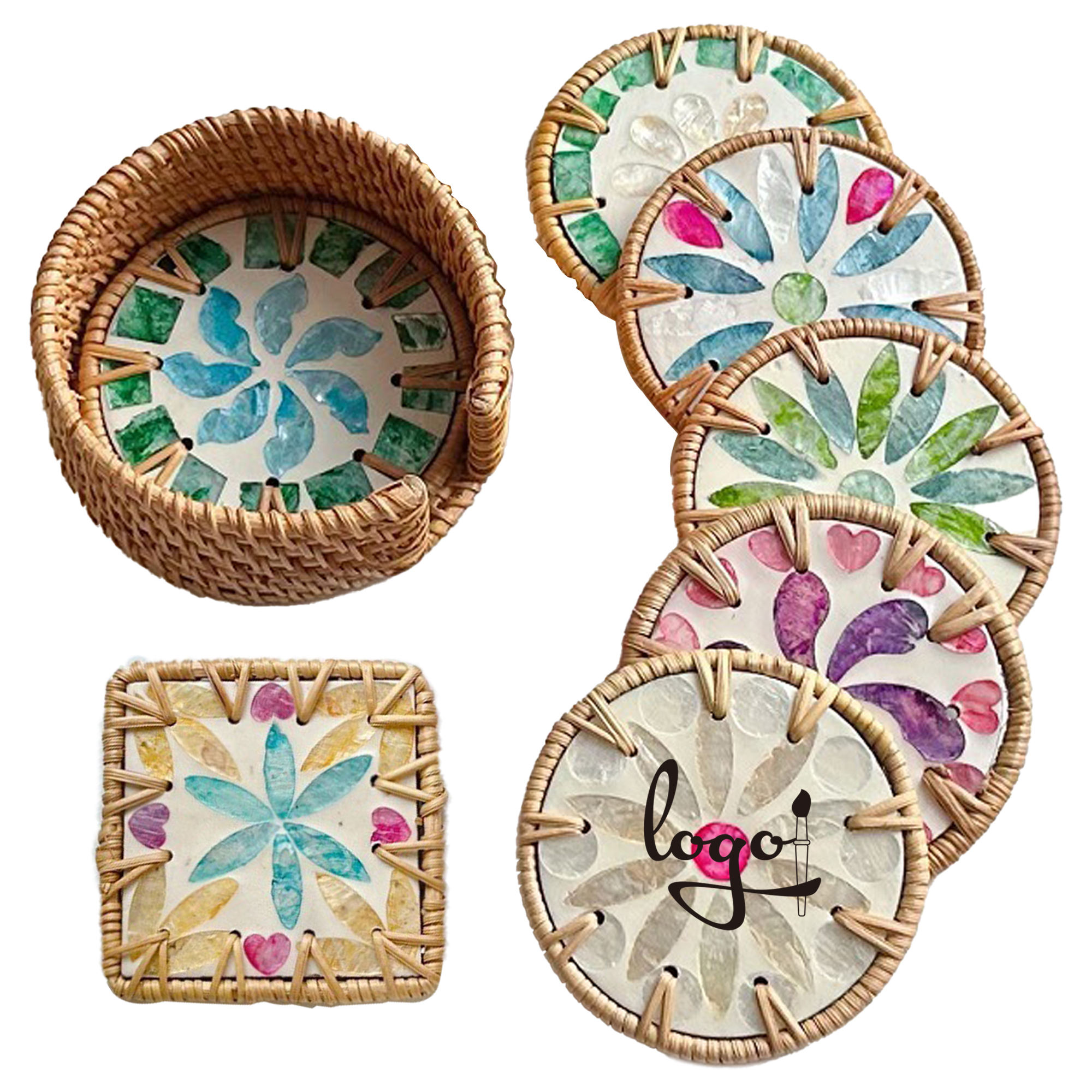 Handcrafted Seashell Mosaic Rattan Coaster MOQ25 3