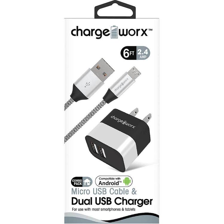 Micro USB & Dual USB Wall Chargers - Silver 6' Cord 2.4 AMP 1
