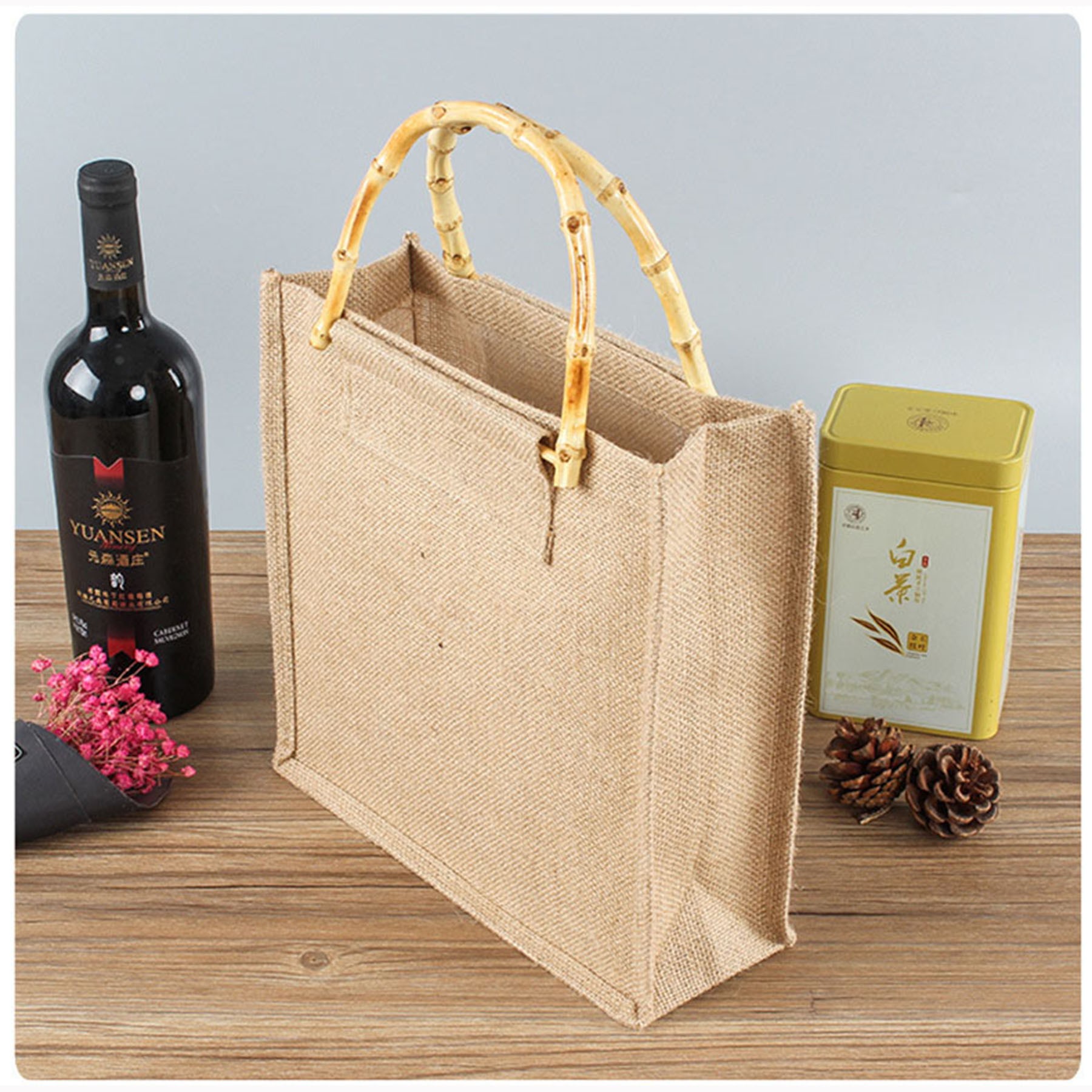 Burlap Tote Bag With Bamboo Handle 2