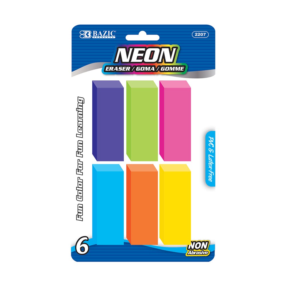 Neon Pencil Erasers - 6 Count Assorted Colors 2
