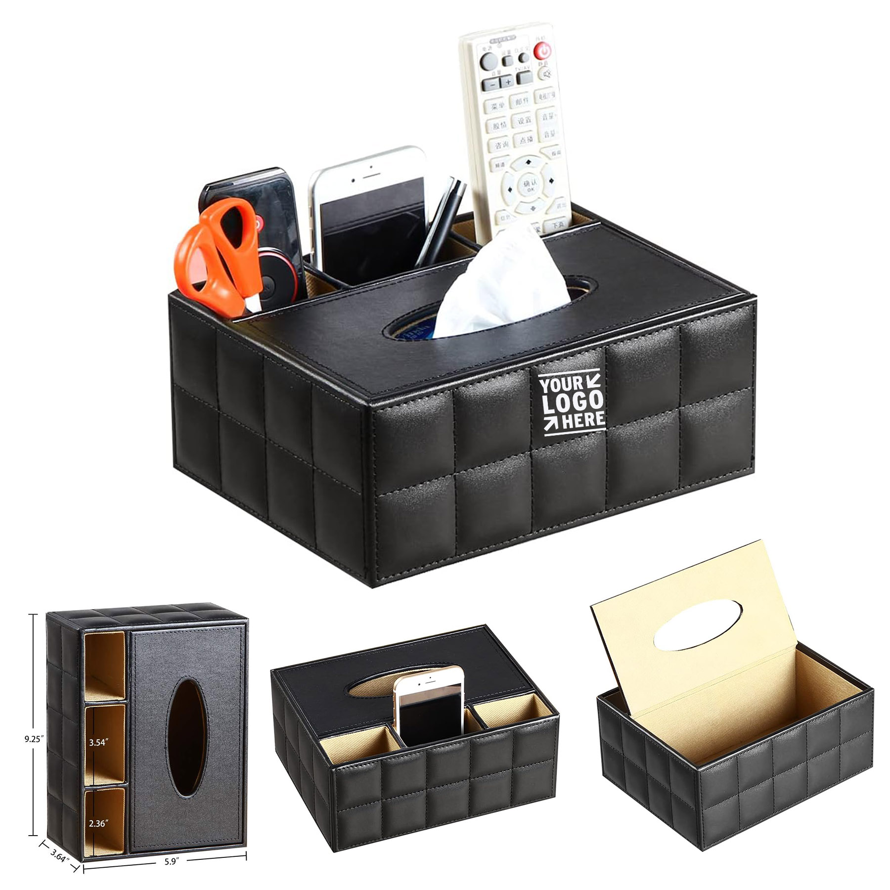 PU Leather Multifunction Rectangular Tissue Box Cover Remote Control Caddy Desk Storage Organizer 