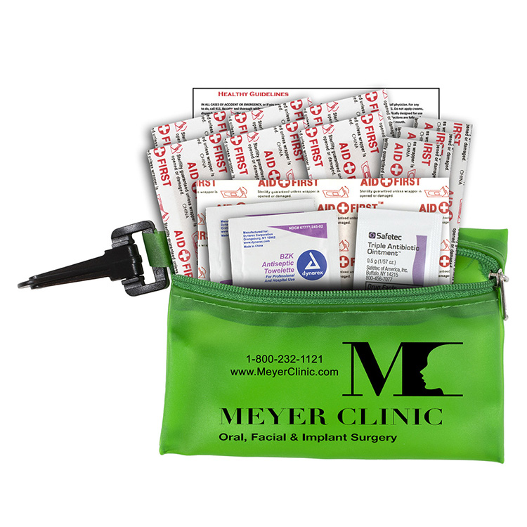 "TROUTDALE PLUS" 14 Piece First Aid Kit in Translucent Zipper Kit with Plastic Carabiner Attachment 19