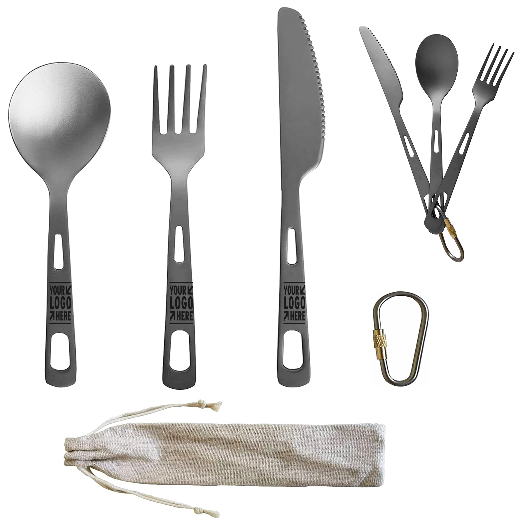 Ultra-light Titanium Spoon Fork Knife Camping Travel Dishware Utensils Set with Carabiner 2