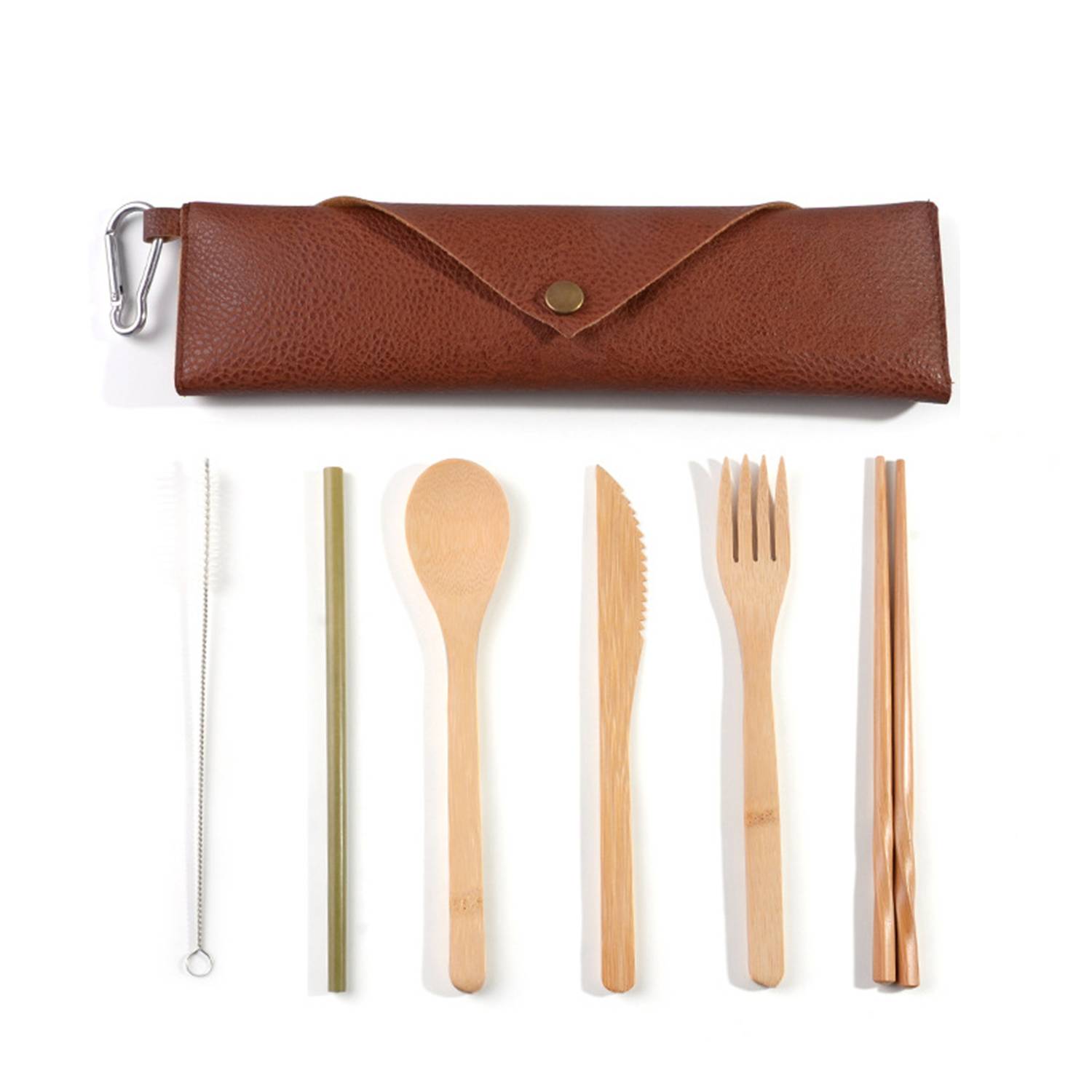 Travel Reusable Bamboo Cutlery Set With A Leather Pouch 6
