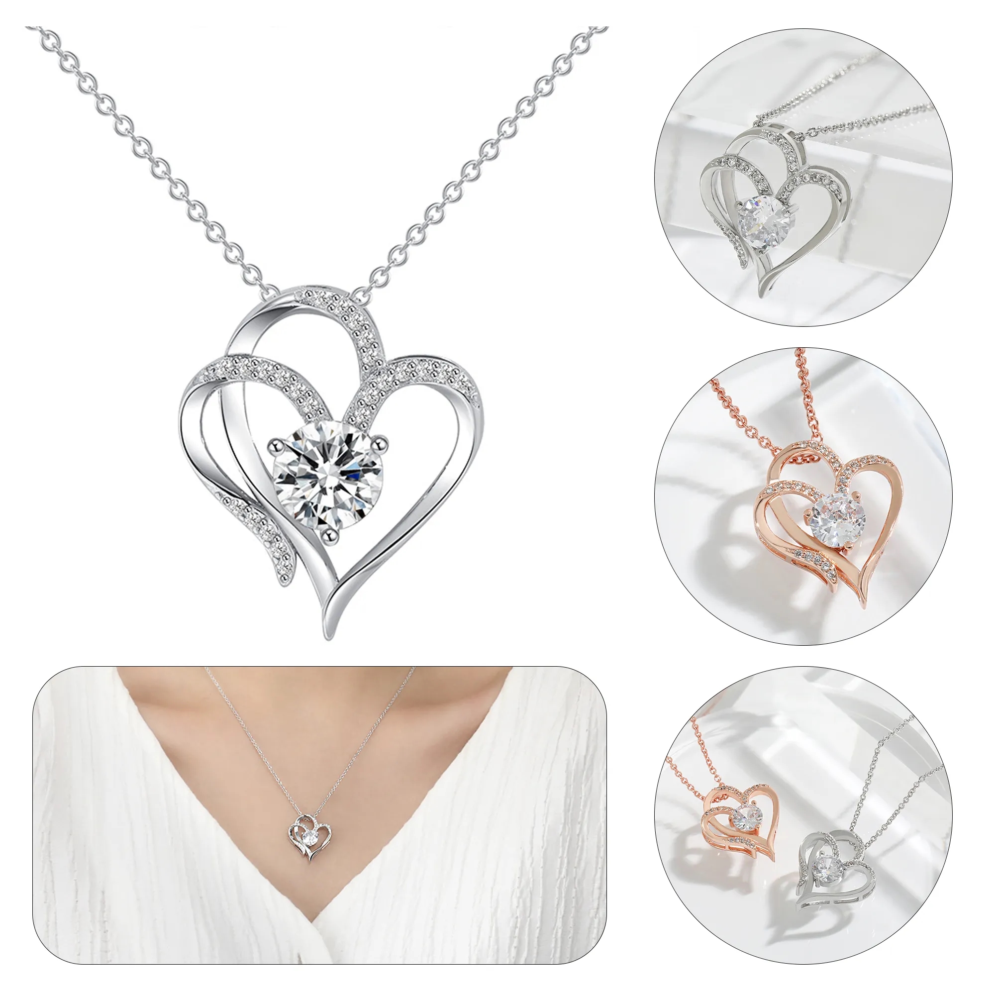 White Gold Double Heart Pendant Necklace 2