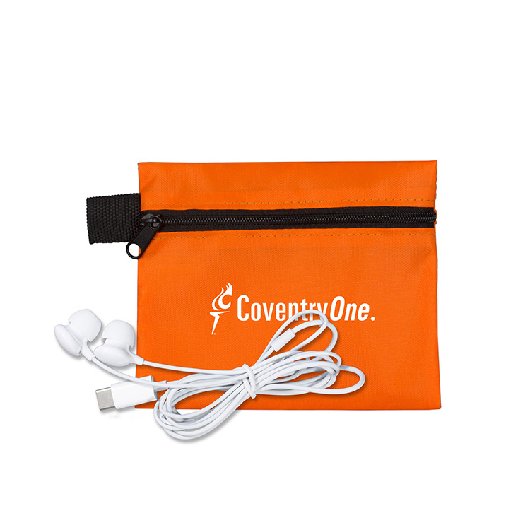 Mobile Tech Earbud Kit In Zipper Pouch Components inserted into Polyester Zipper Pouch 12